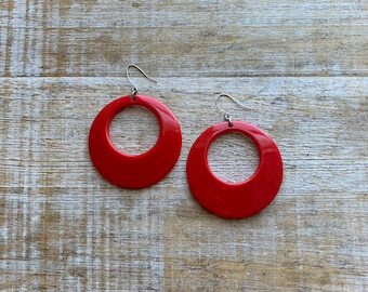 Vintage Red Statement Acrylic Earrings Retro Mod Earrings Retro Geometric Earrings Retro Art Deco Earrings Red Earrings Large Mod Hoops