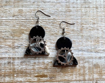 Steampunk Cog Victorian Edwardian Dangle Crystal Earrings Black Gothic Dangle Drop Earrings Cog Steampunk Clip On Earrings Ear Hangers