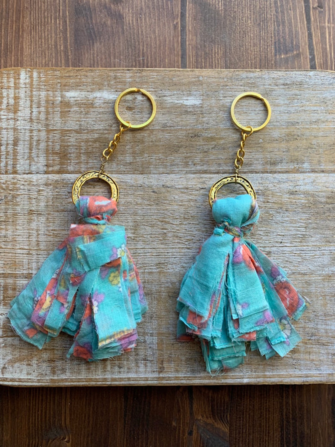 Upcycled Keychain Recycled Keychains Blue Cotton Keychain Large