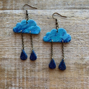 Rain Cloud Clay Earrings Cloud Earrings Polymer Clay Rain Earrings Cloud Rainy Day Weather Bronze Clay Raindrop Clip On Earrings Ear Hangers