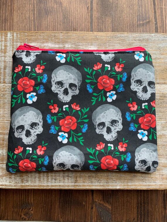 Black Skull Makeup Bag Floral Wallet Purse Bag Purse Gothic