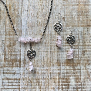 Rose Quartz Pentagram Bar Witch Necklace & Earring Set Wicca Jewelry Set Necklace Pink Earrings Gift Set