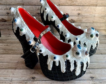 Psychobilly Halloween Ice Cream Shoes Eyeball Clay Women's Heels Size 5-6 Small Eyeball High Heels Psychobilly Heels Ice Cream Shoes Dessert