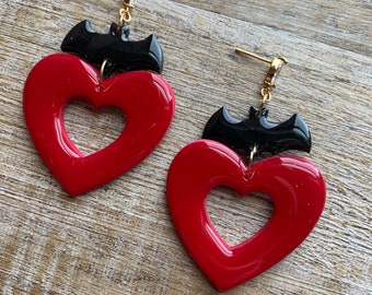 Gothic Heart Bat Earrings Gothic Valentines Style Earrings Red Art Deco Earrings Love Earrings Polymer Clay Earrings Valentine’s Day