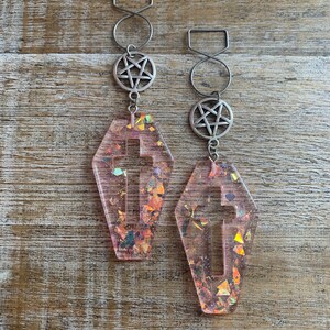 Coffin Tunnel Gauge Earrings Cross Wicca Pink Tunnel Resin Glitter Pentagram Coffin Ear Weights Cross Glitter Ear Hangers Clip On Earrings