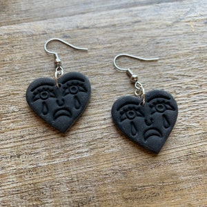 Crying Heart Earrings Polymer Clay Heart Black Gothic Traditional Tattoo Earrings Checker Tunnel Gauge Statement Earrings 90s Crying Clip On