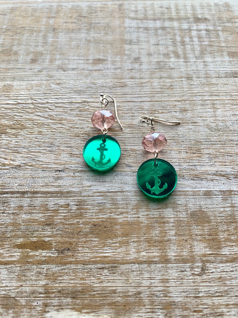 Anchor Earrings Laser Cut Earrings Nautical Earrings Rockabilly Anchor Earrings Green Earrings Pink Earrings Anchor Sailor Gift