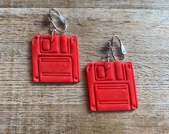 Floppy Disk Clip On Earrings Nostalgic 90s 1990s Nostalgic Gift Floppy Disc Earrings Computer Nerd Clay Kidcore Ear Hangers Ear Weights
