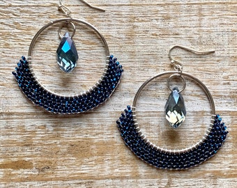 Silver Hoop Blue Bead Hoop Earrings Elegant Stitched Crystal Hoop Earrings Gift Statement Hoop Earrings