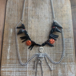 Gothic Halloween Necklace Skeleton Pumpkin Black Silver Chain Necklace Gothic Ice Cream Halloween Necklace Black Bib Necklace Spooky