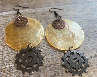 Steampunk Cog Victorian Edwardian Dangle Crystal Earrings Shell Yellow Dangle Drop Earrings Cog Steampunk Clip On Earrings Ear Hangers