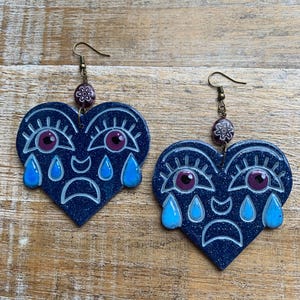 Crying Heart Earrings Polymer Clay Heart Traditional Tattoo Earrings Checker Crying Heart Statement Tunnel Gauge Earrings 90s Crying Hearts