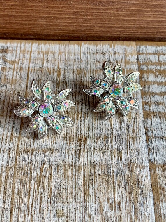 Vintage Sara Moon AB Rhinestone Clip on Earrings Rhinestone