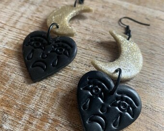 Crying Heart Ohrringe Polymer Clay Herz Schwarz Gothic Traditionelle Tattoo Ohrringe Mond Tunnel Gauge Statement Ohrringe 90s Crying Clip On