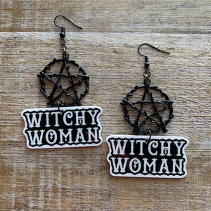 Witchy Woman Earrings Witch Statement Black Witch Witchy Earrings Gothic Statement Pentagram Gift Clip On Earrings Ear Hangers Gauges