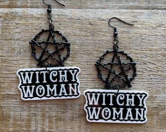Witchy Woman Earrings Witch Statement Black Witch Witchy Earrings Gothic Statement Pentagram Gift Clip On Earrings Ear Hangers Gauges