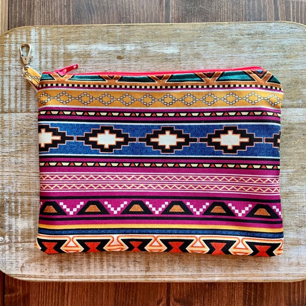 Bohemian Cosmetic Bag Southwest Keychain Bag Aztec Style Makeup Bag Ethnic Wallet ID Holder Fabric Wallet Colorful Boho Zippered Bag