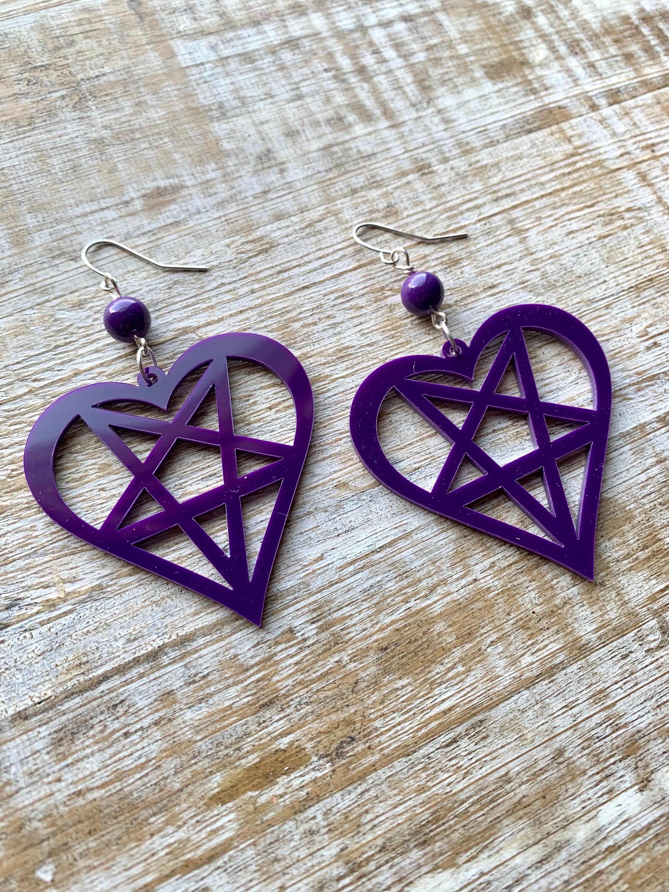 Handmade Silver Pentagram Angelwing Dreamcatcher Drop Earrings - Wicca Pagan Witch Jewelry Gift