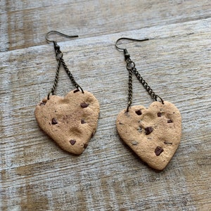 Chocolate Chip Cookie Polymer Clay Earrings Cookie Heart Earrings Miniature Cookie Dangle Food Earrings Dessert Earrings