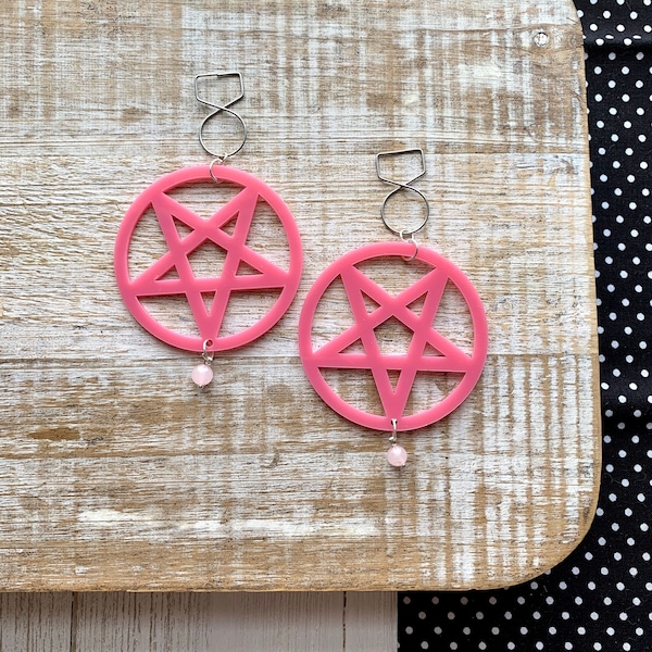 Pentagram Tunnel Gauge Earrings Hoop Jade Tunnel Ear Weights Laser Cut Wicca Hoops Pink Tunnel Dangle Ear Hangers Pentagram Hoops Clip Ons