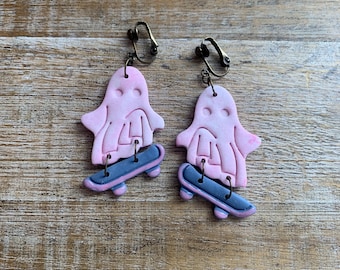 Ghost Clip On Earrings Halloween Skater Clip Earrings Spooky Ghost Ghost Clay Ear Clips Kawaii Style Skateboard Ghost Clip Ons Ear Hangers
