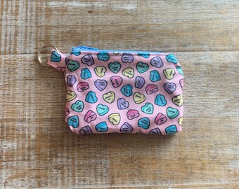 Candy Hearts Pouch Valentines Pouch Candy ID Holder Zipper Bag Red Bag Pouch Pink Candy Conversation Hearts Coin Purse Gift