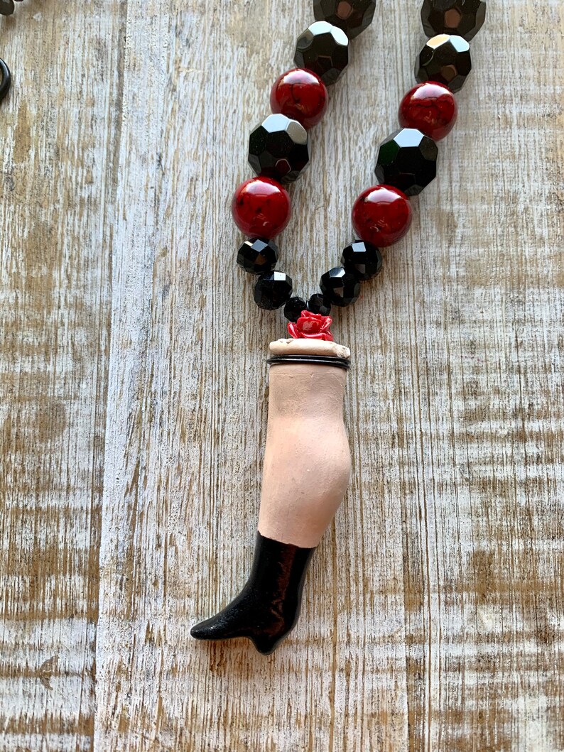 Porcelain Doll Leg Necklace with Rose Oddity Doll Jewelry Gothic Black Necklace Victorian Style Necklace