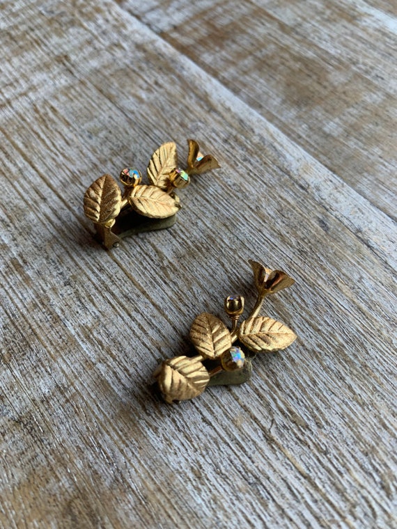 Vintage Leaf AB Rhinestone Clip On Earrings Rhine… - image 4