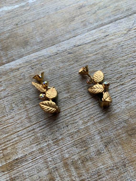 Vintage Leaf AB Rhinestone Clip On Earrings Rhine… - image 6