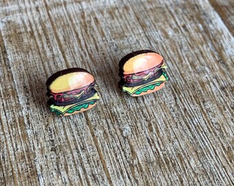 Hamburger Stud Earrings Weird Food Cheeseburger BBQ Hamburger Earrings Wood Foodie Earrings Wood Studs Beef Patty Studs Cute Burger Stud