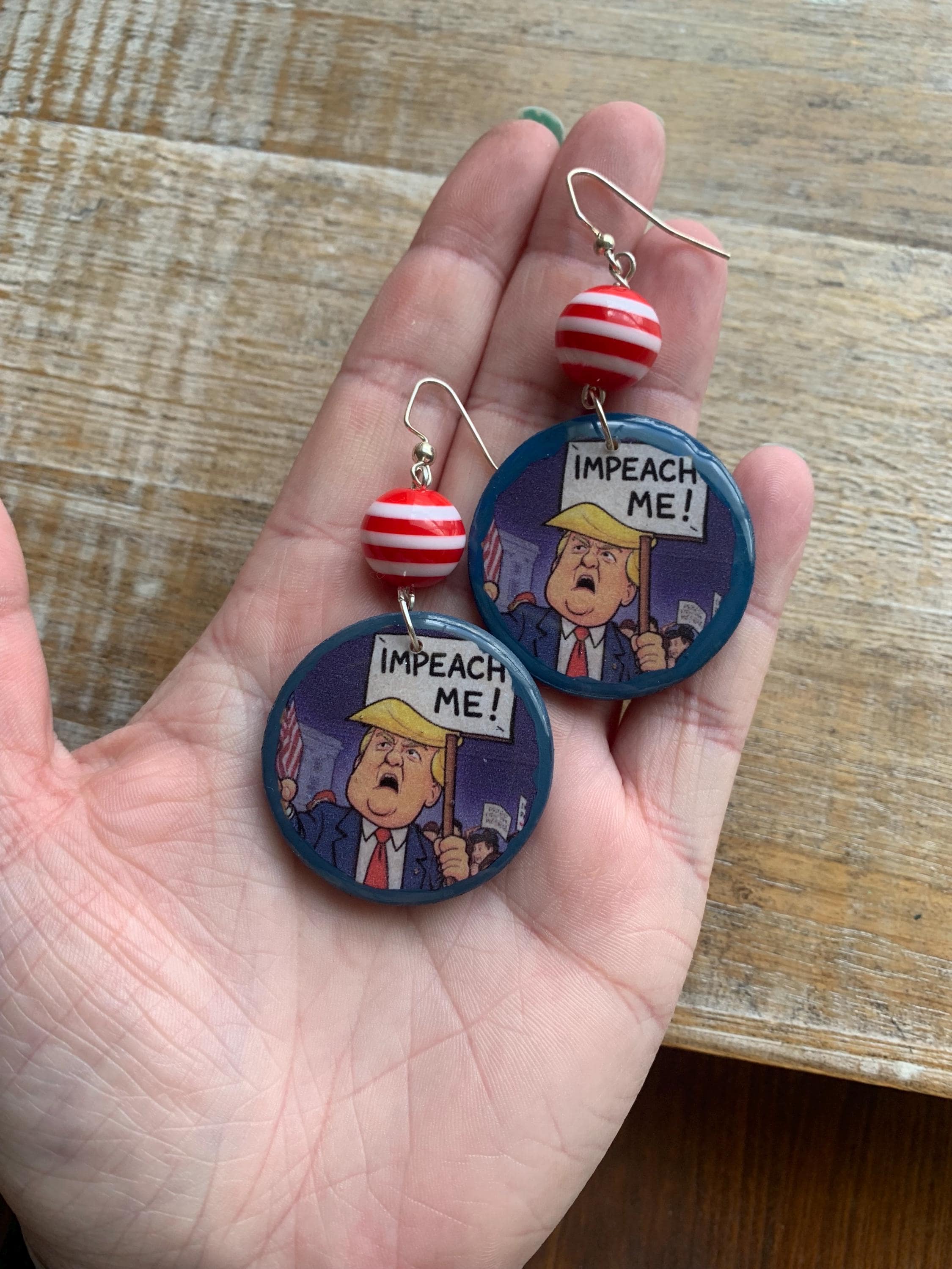 Impeach Trump Earrings Wood Protest Sign Anti Trump Activist Liberal Clip On Earrings Punk Blue Anti Authoritarian Govt Ear Hangers