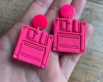 Floppy Disk Stud Earrings Nostalgic 90s 1990s Nostalgic Gift Floppy Disc Earrings Computer Nerd Clay Kidcore Stud Neon Pink Earrings