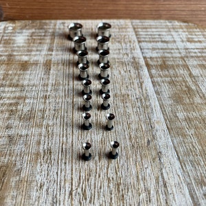 May include: A set of 12 silver ear gauges, arranged in size order from largest to smallest, on a wooden surface.