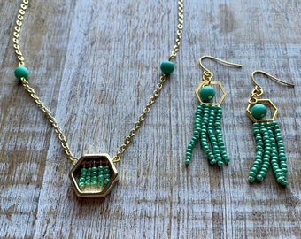 Sea Green Hexagon Gold Tone Necklace and Earring Set Hexagon Geometric Necklace Set Gift