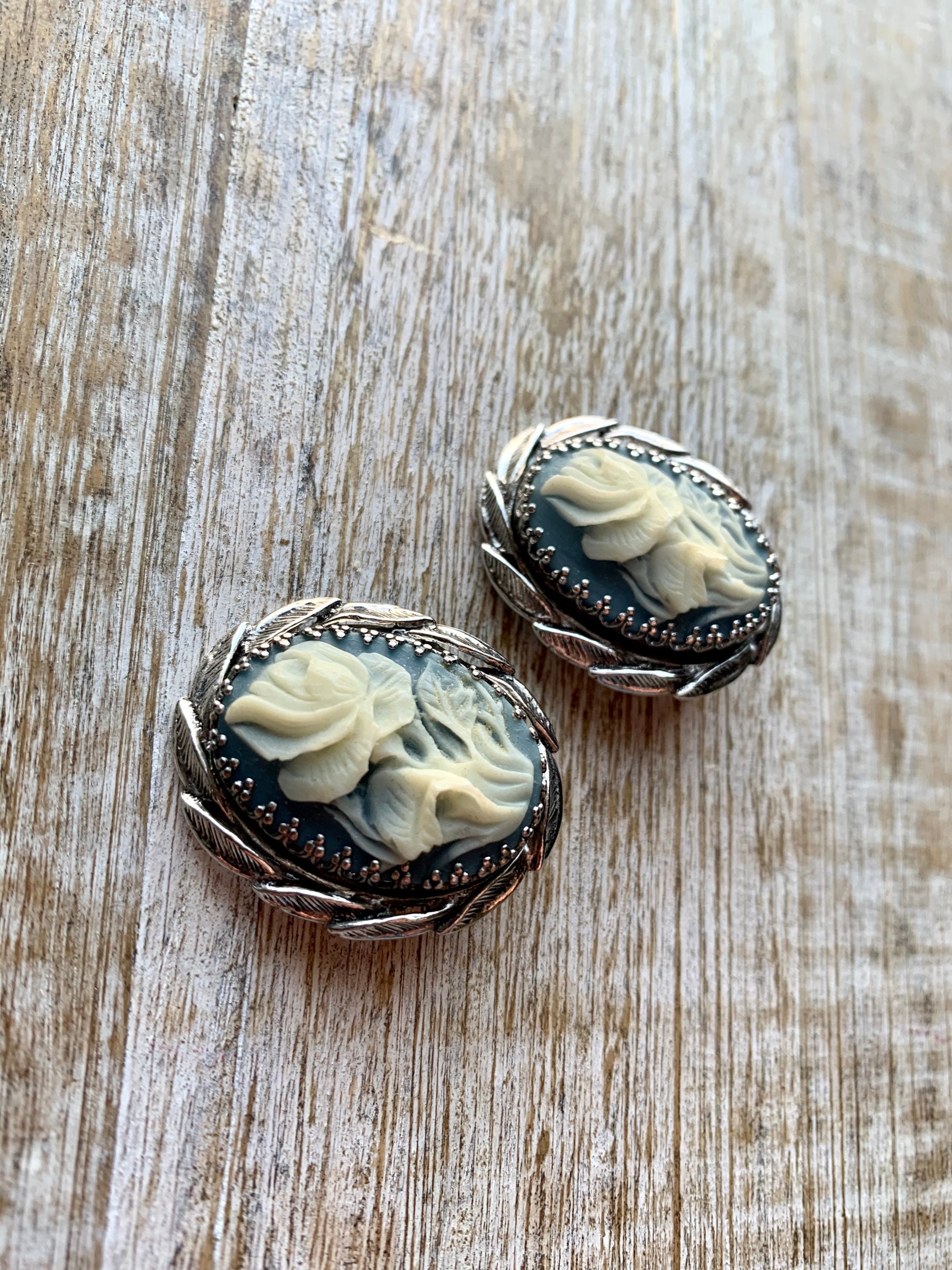 Vintage Whiting & Davis Co Clip On Cameo Rose Earrings Silver | Etsy