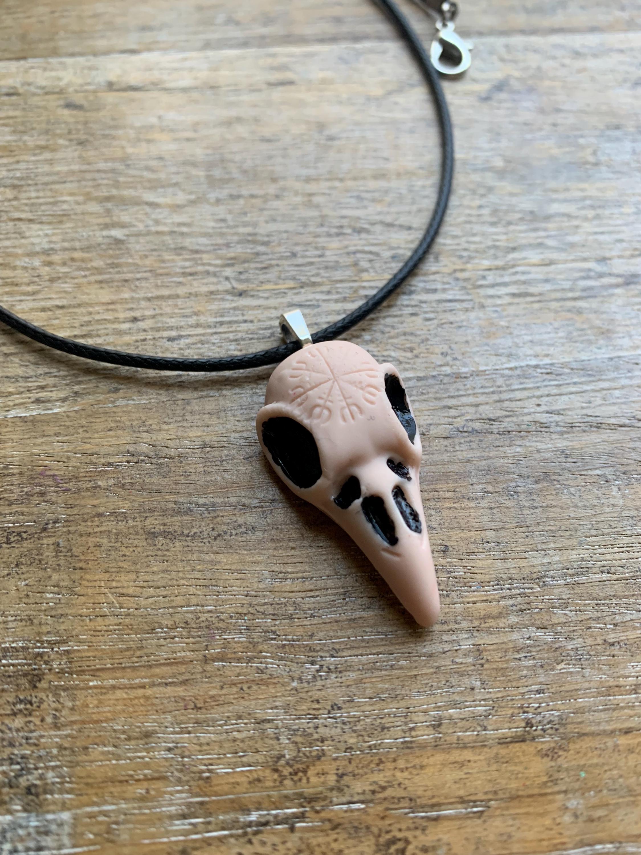 Viking Helm of Awe Raven Skull Necklace Painted Polymer Clay Black