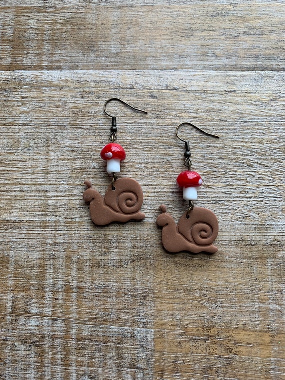 Snail Earrings Snail Mushroom Earrings Cute Cottagecore Snail Earrings  Snail Dangle Brown Snail Amanita Muscaria Clip On Earrings Ear Hanger