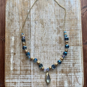 Crystal Necklace Blue Faceted Gem Blue Crystal Wedding Light Blue Upcycled Necklace Gold Crystal Vintage Style Necklace Rhinestone Necklace