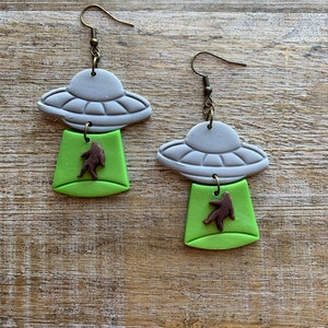 Alien Abduction Earrings Polymer Clay Alien Bigfoot Earrings Extraterrestrial Space Abduction Sasquatch UFO Clip On Earrings Ear Hangers