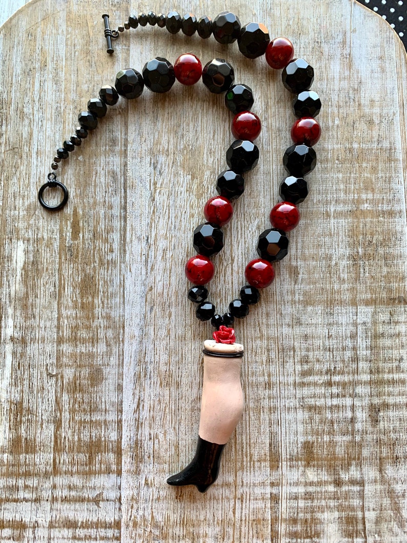 Porcelain Doll Leg Necklace with Rose Oddity Doll Jewelry Gothic Black Necklace Victorian Style Necklace
