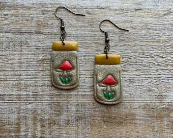 Mushroom Earrings Mushie Earrings Toadstool Painted Earrings Cottagecore Mason Jar Cottagecore Clip On Earrings Fungi Ear Hangers Gauges