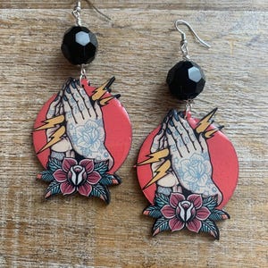 Tattoo Praying Hands Earrings Tattoo Art Clip Earrings Traditional Tattoos Weirdcore Halloween Wood Clip On Earrings Tunnel Gauge Earrings