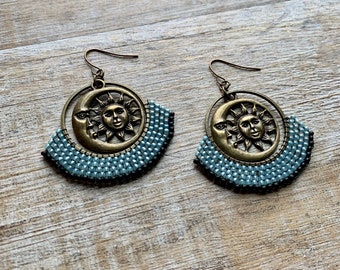 Moon & Sun Hoop Earrings Blue Beaded Bronze Earrings Moon Boho Earrings Statement Hoops Moon Statement Crescent Moon Earrings Witch Gift