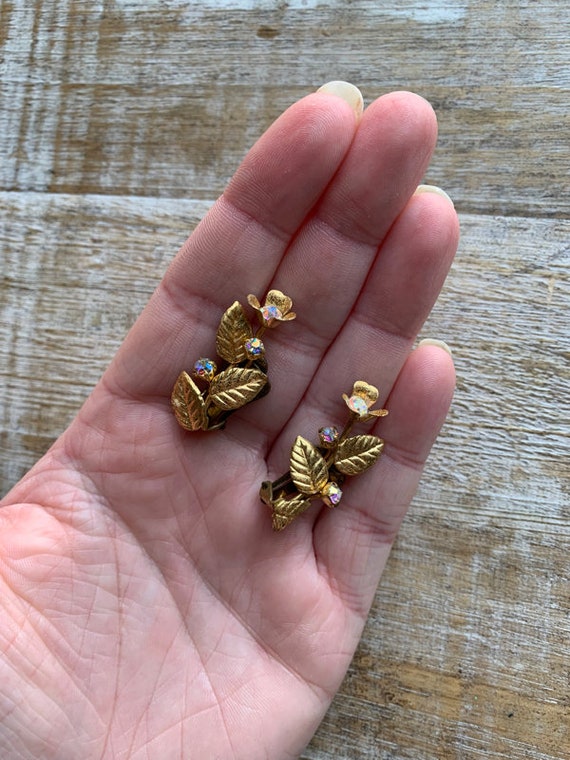 Vintage Leaf AB Rhinestone Clip On Earrings Rhine… - image 2