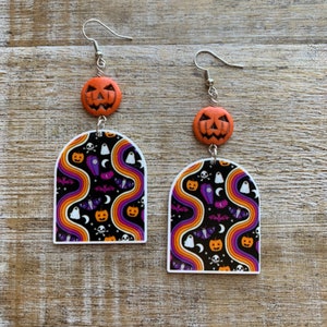 Halloween Earrings Pumpkin Jack O Lantern Fall Orange Minimalist Dangle Autumn Pumpkin Clip On Earrings Art Deco Ear Hangers Ear Weights