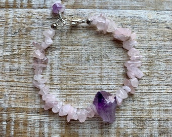 Rose Quartz Bracelet Amethyst Bracelet Healing Bracelet Amethyst Gemstone Wicca Bracelet Raw Gemstone Bracelet Pink Quartz Bracelet