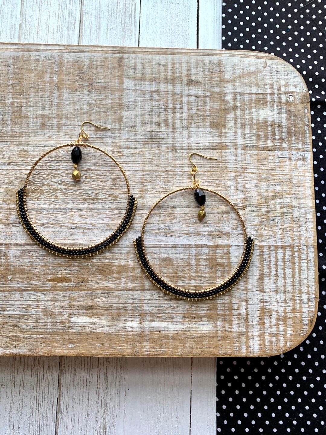 Matte Hoop Earrings Gold Tone Hoop Beaded Earrings Matte Black Etsy UK