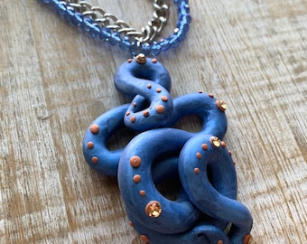 Octopus Tentacle Pendant Necklace Blue Polymer Clay Cephalopod Octopus Necklace Clay Blue Tentacle Statement Necklace Pendant