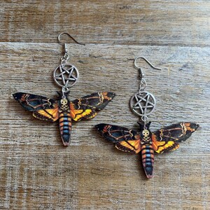 Death Moth Earrings Gothic Tattoo Pentagram Moth Oddity Strange Clip On Earrings Memento Mori Moth Tunnel Gauge Earrings Gothic Skull