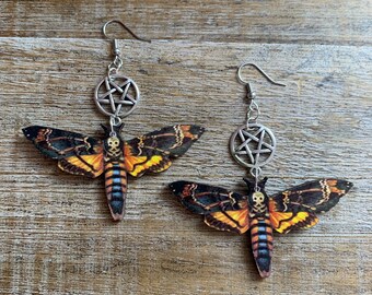 Death Moth Earrings Gothic Tattoo Pentagram Moth Oddity Strange Clip On Earrings Memento Mori Moth Tunnel Gauge Earrings Gothic Skull